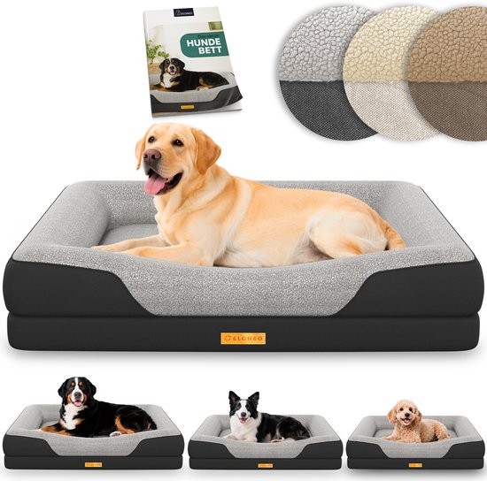 Hondenbed met labrador, en drie kleinere bedden met een berner sennenhond, bordercollie en maltipoo. Kleurstaal van de stoffen.