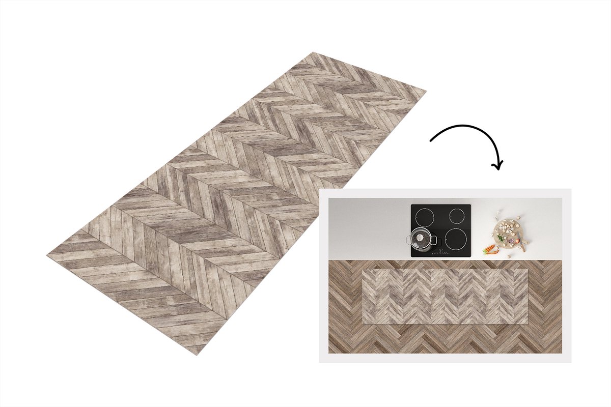 KitchenYeah Keukenloper 180x60 cm - Keukenmat vinyl Plank - Patronen - Brocante - Keukenmatten loper - Keuken vloerkleed tapijt Visgraat