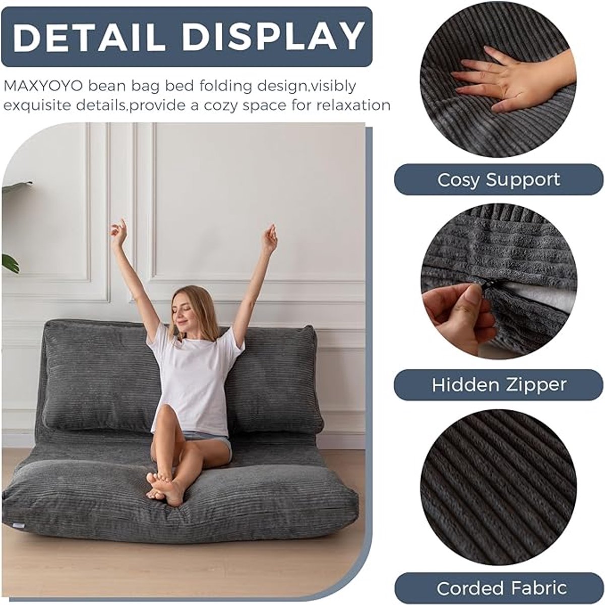 Opvouwbaar Zitzakbed Vloermatras Corduroy – Extra Dik 4-Voudig Gevouwen Slaapbank voor Volwassenen – 75 x 240 cm – Antracietgrijs – Pauwhome