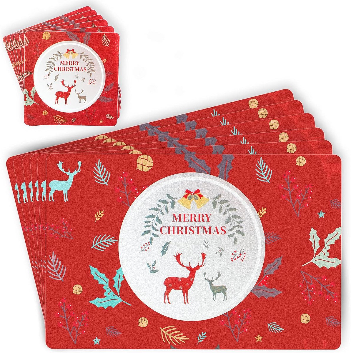 Set van 6 Kerst Placemats en Onderzetters, Afwasbaar en Hittebestendig PVC