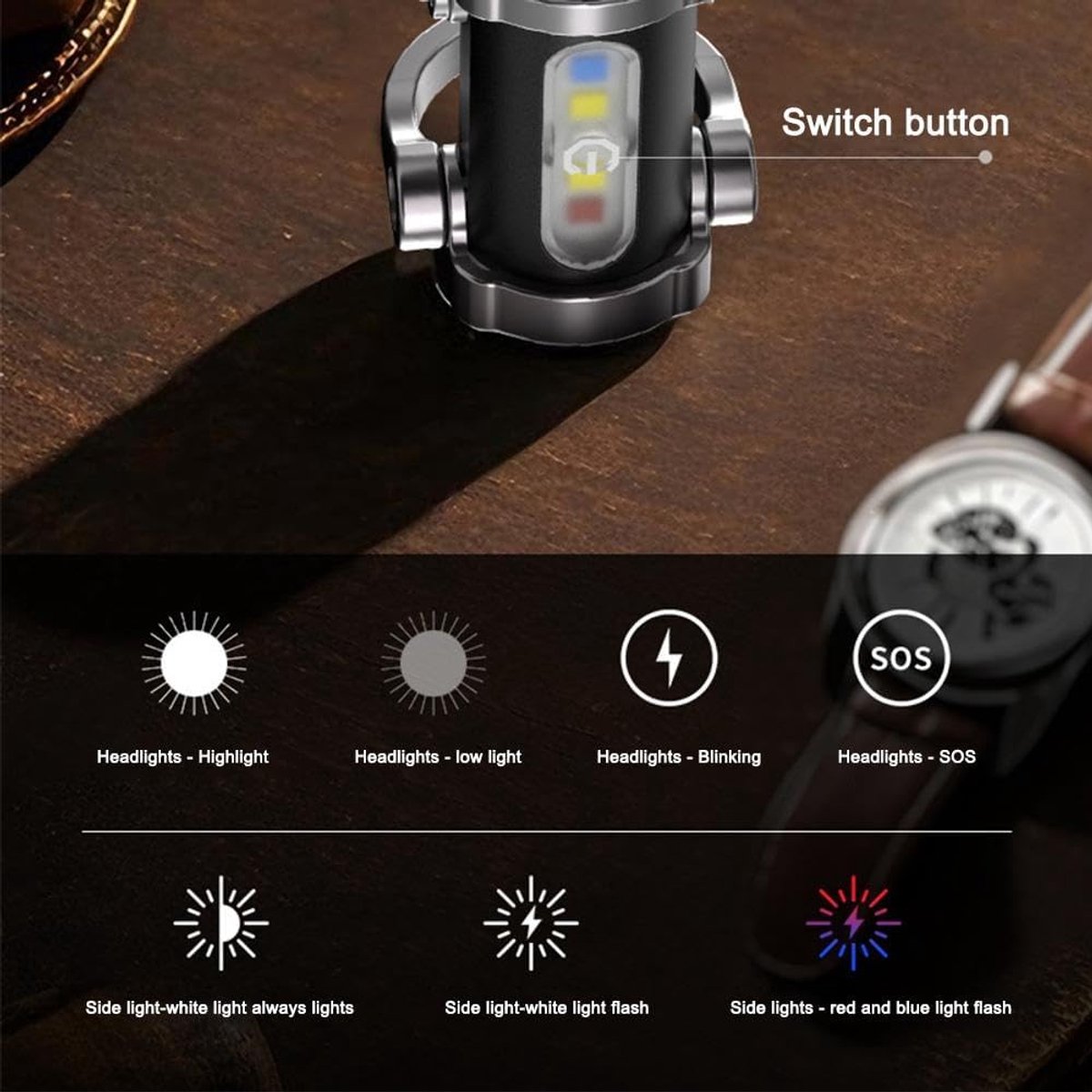 Mini Sleutelhanger Zaklamp Oplaadbaar (600mAh) - 7 Lichtstanden (Rood/Blauw) - Voor Kamperen, Hondenuitlaat, Auto & Noodgeval - EDC Werklamp - USB-C - Waterdicht — cadeau in Sport & Outdoor - foto 7