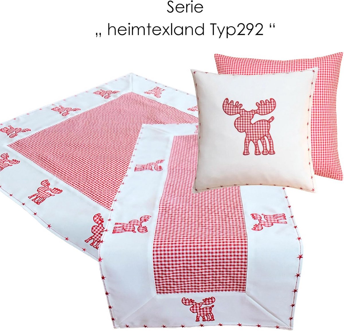 Kerst Tafelloper Rood Wit Vichy Ruit met Eland Applicatie en Sterrenrand - 40x140 cm