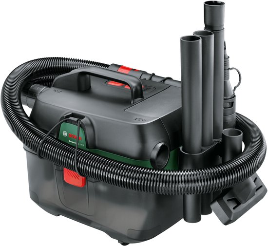 Zwarte ketelstofzuiger met groene accenten, rode knoppen en accessoires. Bosch logo zichtbaar.