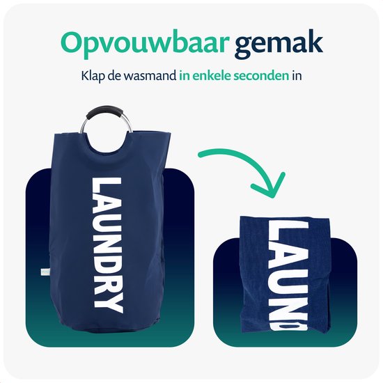 Donkerblauwe wasmand met aluminium handgrepen en de tekst 'LAUNDRY', opvouwbaar tot een compact pakket.