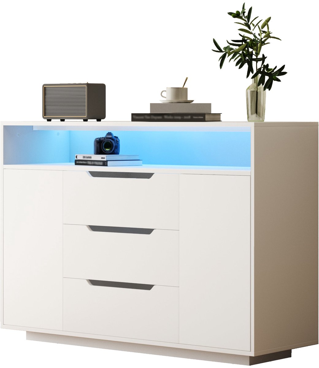 Merax Witte Opbergkast Met Open Vak - 3 Lades En 2 Deuren – Dressoir Voor Woonkamer - Eetkamer Of Kantoor – 120 X 40 X 85 Cm