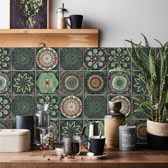 24 stuks Plaktegels - Tegeltickers - Plaktegels keuken - Zelfklevende tegels - Retro Tegelstickers - Zelfklevende 3D Muurstickers Keuken - Keuken - Badkamer - 15×15cm - Tegelstickers premium - PVC - Marokkaans patroon - Groen