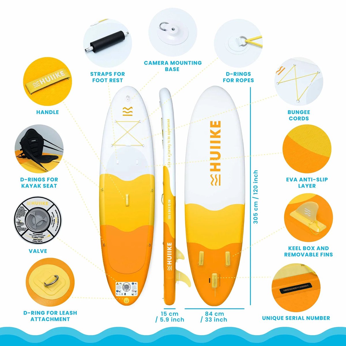 HUIIKE SUP Board - Opblaasbaar Paddle Board met Accessoires, Peddel, Vinnen, Pomp - Stand Up Paddle met Hoge Stabiliteit - 305 x 84 x 15 cm - Max. 130 kg – foto 2