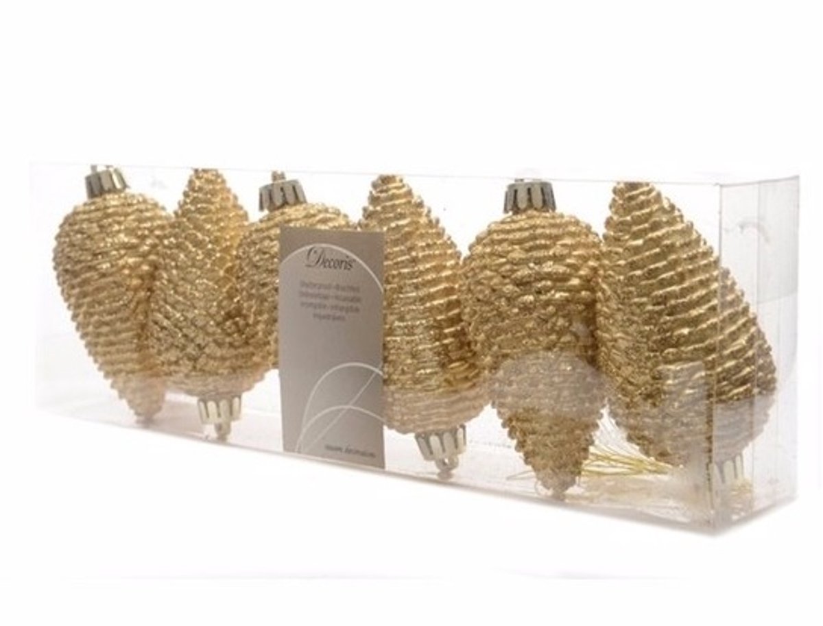 Decoris Kersthangers dennenappels - 18x st - goud - glitter - 8 cm - kunststof - kerstversiering Goudkleurig