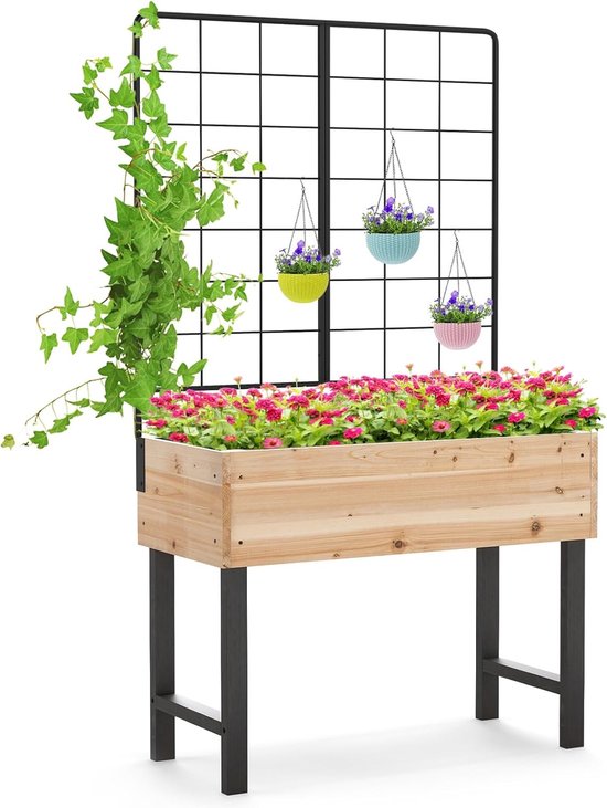 KOMFOTTEU Bloembak met klimrek, verhoogde plantenbak voor klimplanten, verhoogde kweekbak met drainagespleet, houten plantenbak, plantenbak kruidenbak tuinbak 79 x 35 x 138 cm