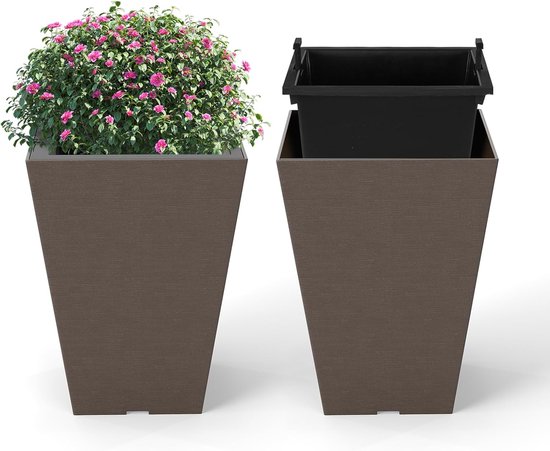 Foto: Komfotteu set van 2 bloembakken plantenbakken van kunststof bloempot met uitneembare binnenpot weerbestendige plantenbakken plantenpotten sierpotten voor tuin balkon terras 25 x 25 x 35 cm 