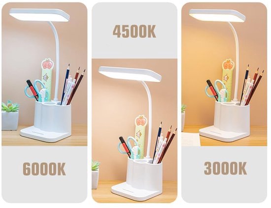 Tafellamp - Bureaulamp - LED lamp - Nachtlampje volwassenen - Nachtlampje kind - studielamp - leeslamp - oplaadbaar - op netstroom - 3 kleurtemperaturen - dimbaar 0-100% - honingraat lens - anti-blauw licht - flikkervrij - penhouder - wit — afbeelding 2
