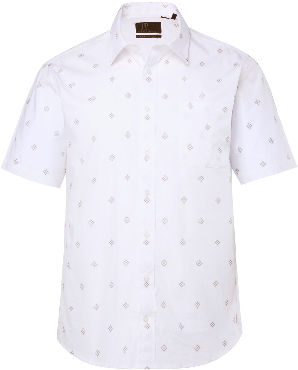 JP 1880 - Heren - Overhemd korte mouwen all-over print kentkraag Modern Fit - Off-white - Maat L