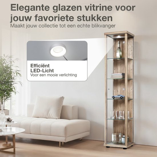 Vitrine sur pied à 1 porte, 4 étagères en verre réglables en hauteur - Éclairage LED - 176 x 37 x 33 cm - Chêne Sonoma