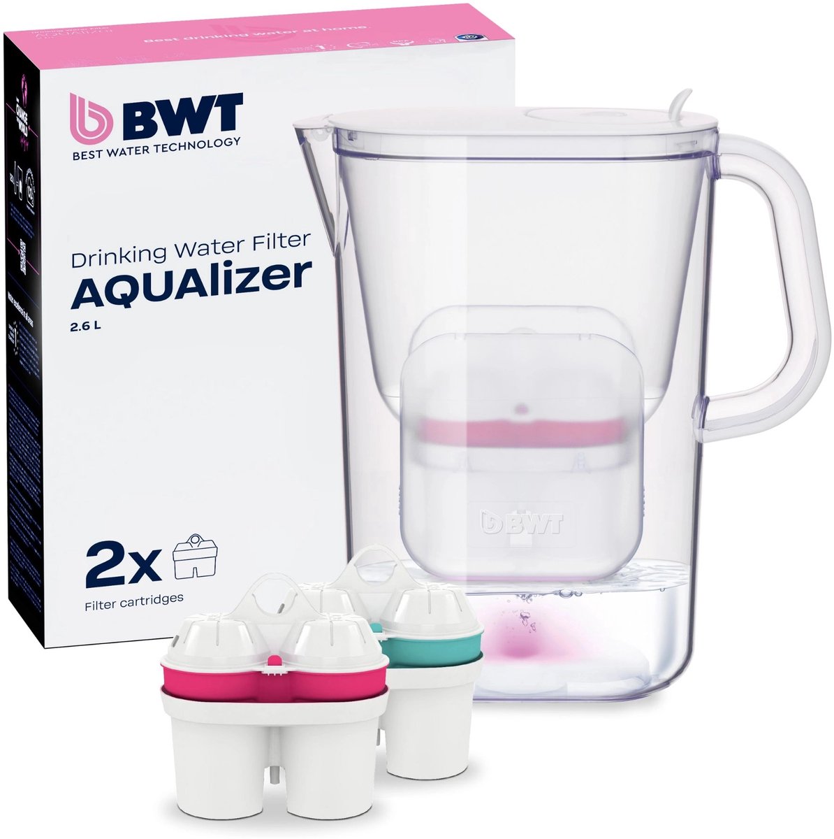 BWT Waterfilterkan AQUAlizer + 1 Zink & 1 Magnesium Waterfilter | Verwijdert kalk, chloor, lood & koper | 120 L per cartridge | Handmatige vervangingsindicator | BPA‑vrij | Past in koelkastdeur | Geschikt voor thee, koffie & koken