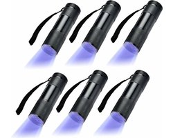 Een set van 6 UV-ultraviolette blacklight zaklampen met 9 LED-lampjes, geschikt voor buitengebruik en andere gelegenheden.