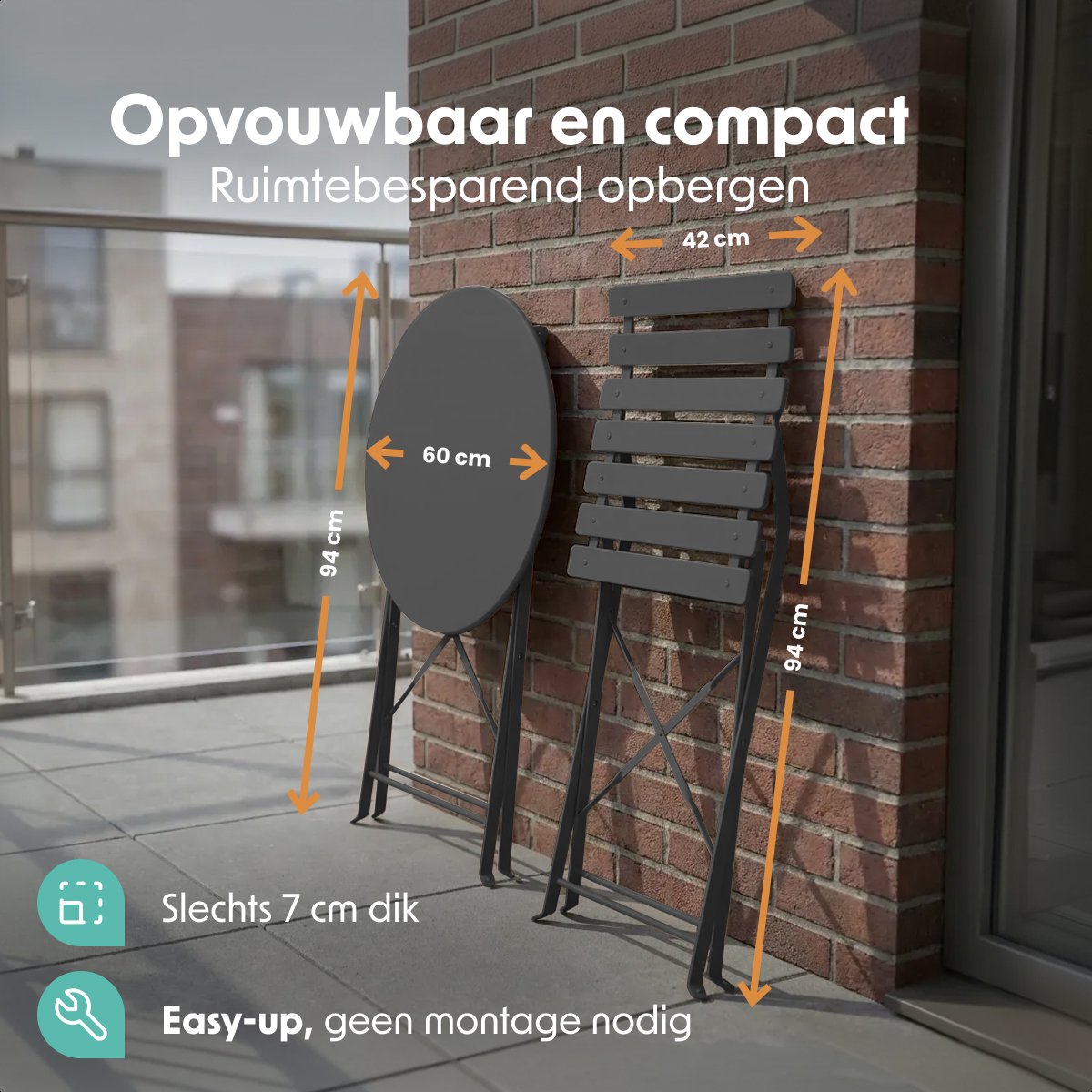 LifeGoods Bistroset - Staal - 3-delig - Tuinset - Inklapbaar - Balkonset met Tafel - Weerbestendig - Donkergrijs – foto 4