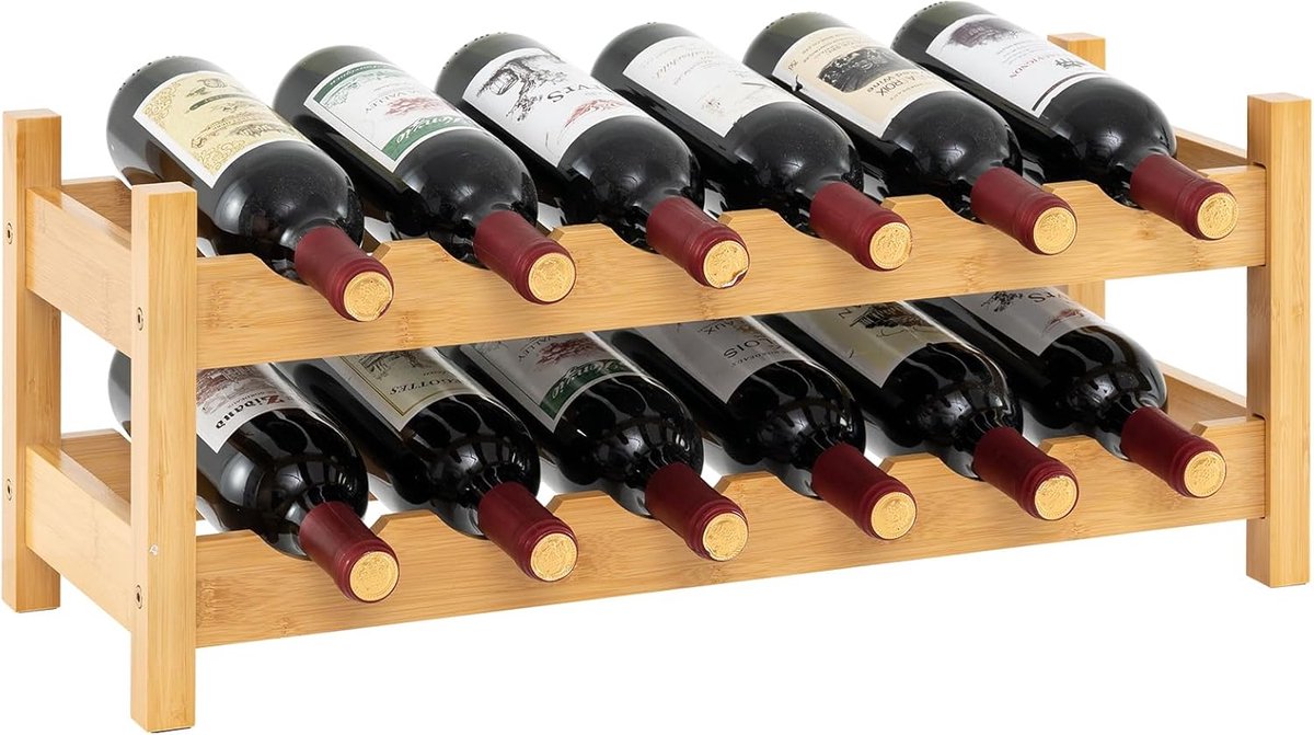 KOMFOTTEU Wijnrek van bamboe, 2-traps flessenrek voor 12 flessen, wijnstandaard voor werkblad, kast, keuken, voorraadkamer, wijnkelder, bar, 24 x 60,5 x 25 cm (natuur)