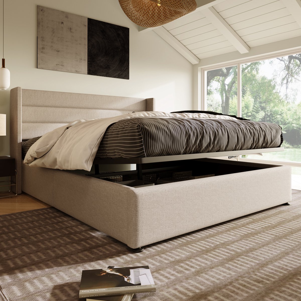 MODFU Bedframe 140x200 cm – Met hydraulische opbergruimte – Gestoffeerd in beige linnen – Incl. lattenbodem