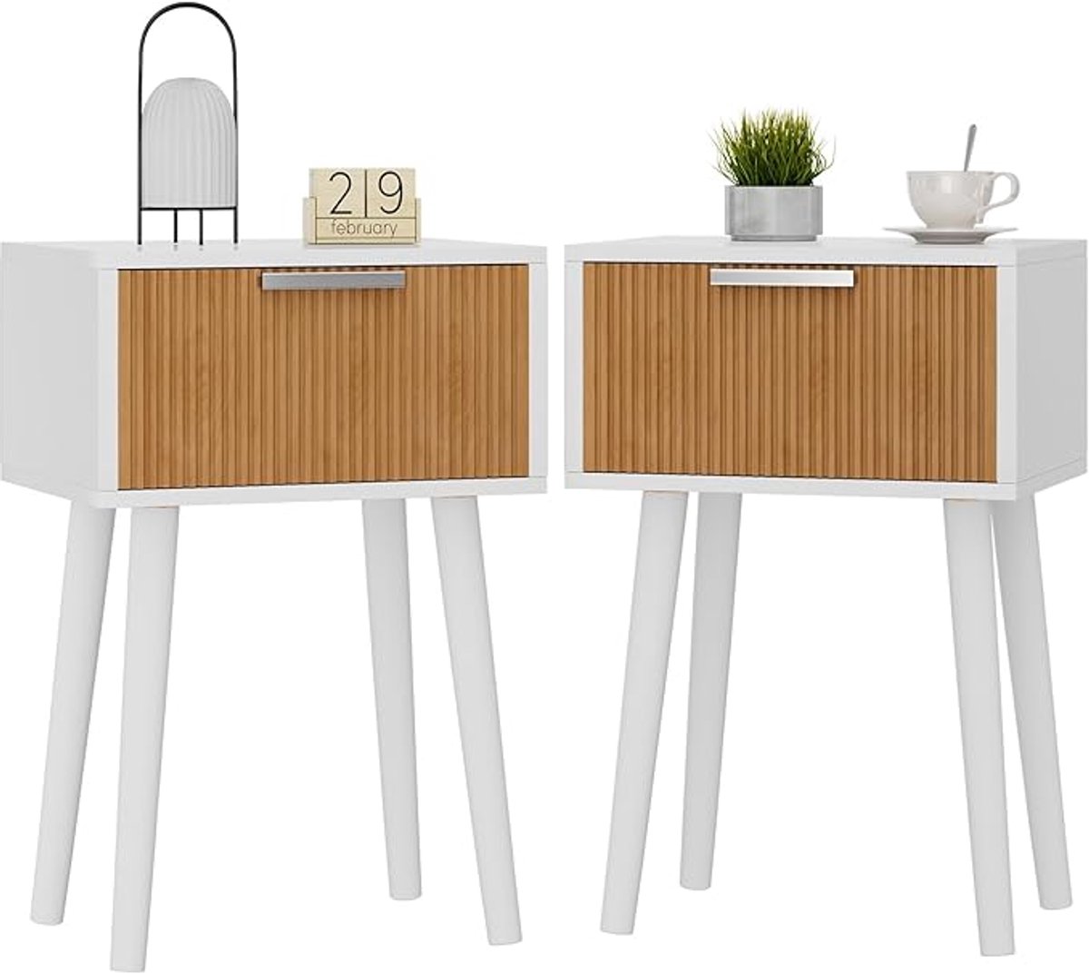 Nachtkastjes Set van 2 – Modern Wit – Met Magnetische Lade – Massief Houten Poten – Voor Slaapkamer & Woonkamer