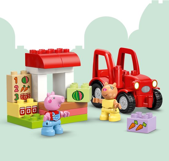 LEGO Duplo Peppa Pig tractor met marktkraam, Peppa en George, met genummerde blokken.