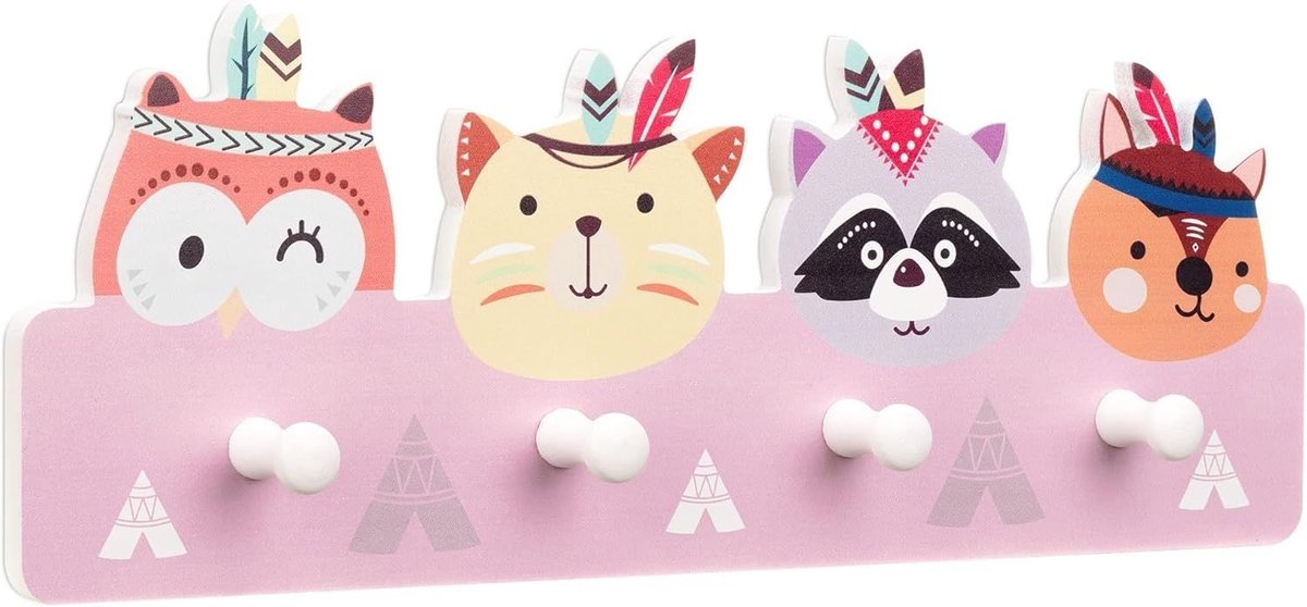 SNJY® Kinderkapstok - Kapstok Kind - Kinderkast - 4 Kapstokhaken - Dieren - Roze