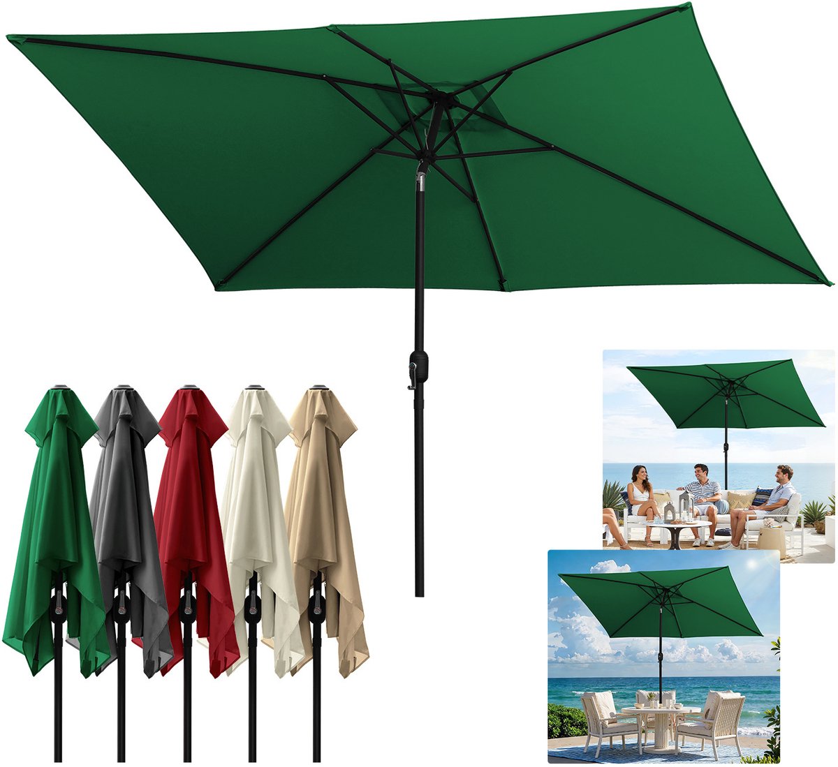Parasol 2 × 3 m demontabel – Metalen frame en UV-bescherming voor buiten, groen