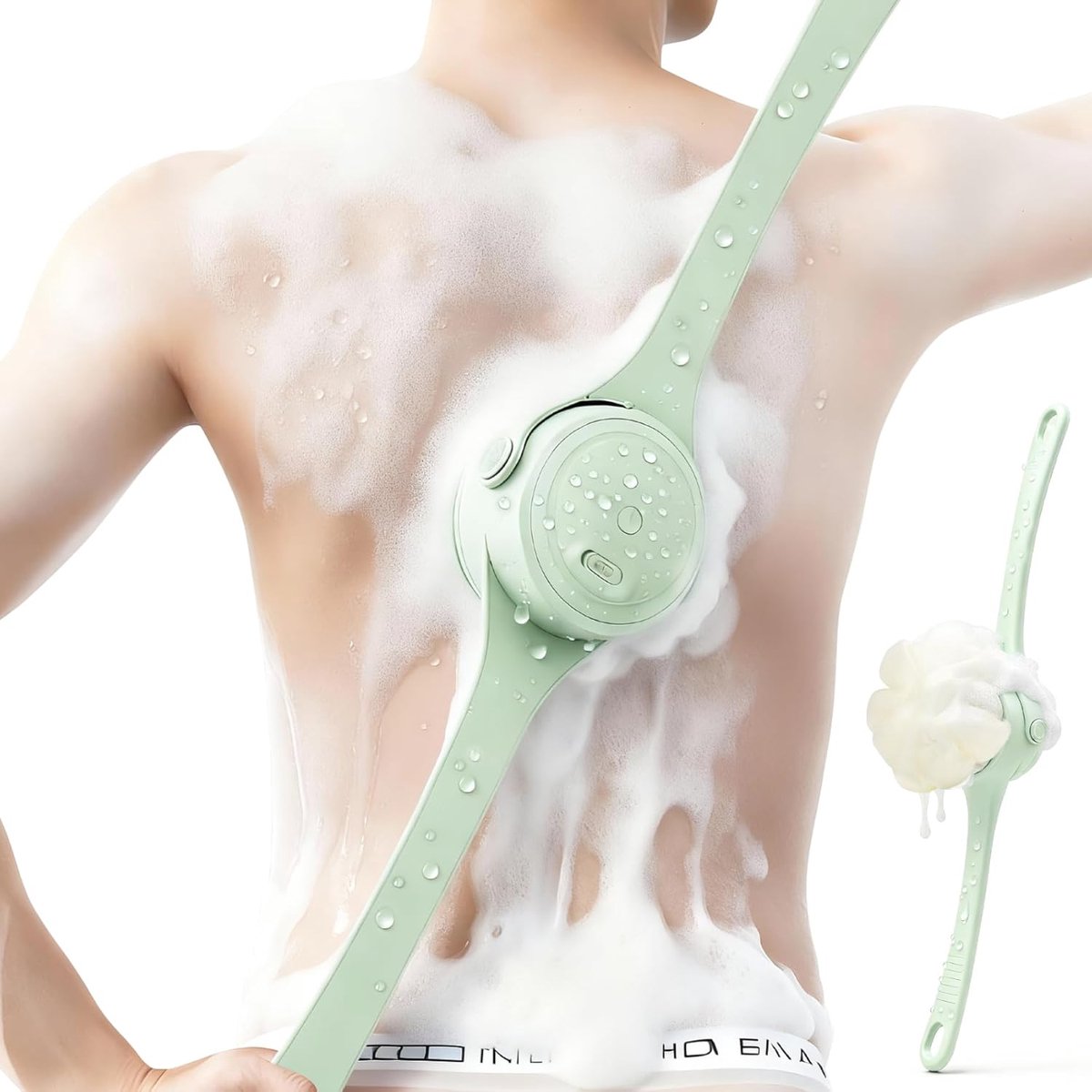 Badborstel - Elektrische Doucheborstel - Waterdichte Lange Handvat Douche Scrubber met 4 Borstelkoppen - Oplaadbare Exfoliatie en Massage Borstel voor Rug en Lichaam - Verlengstuk - voor Spa, Douche, Peeling, Massageborstel - Mintgroene Kleur