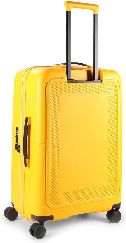 Gouden gele American Tourister koffer met handvat, ritssluiting en code slot.