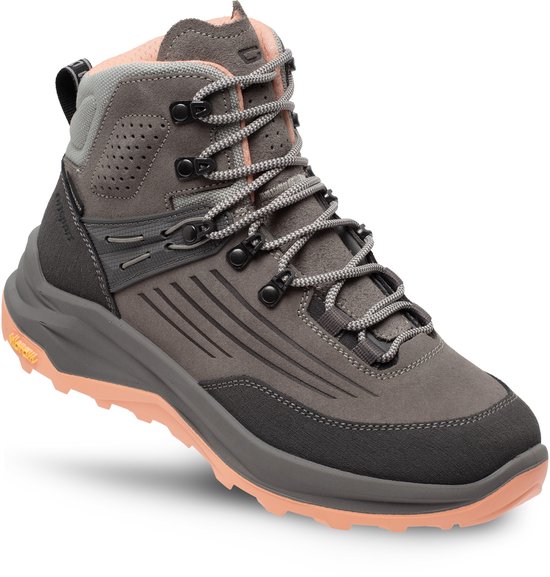 Grijze Grisport mid-hoge wandelschoen met roze accenten, met zool in de lucht.
