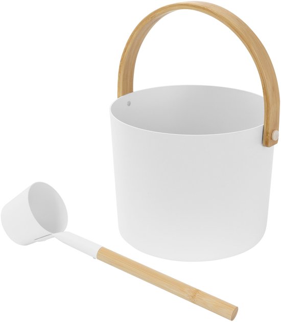 2-delige sauna-accessoireset van aluminium & bamboe, wit, 6L opgietemmer met inklapbare handgreep & LuxeBath opscheplepel