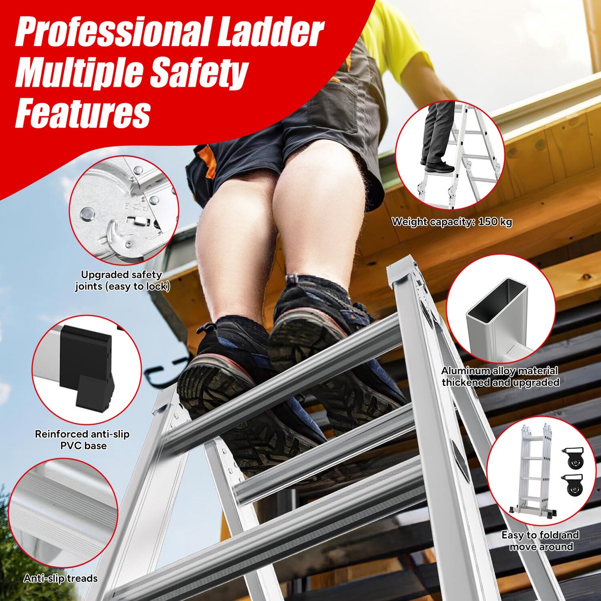 OUTIGO Multifunctionele ladder - 4,6 meter - 7 in 1 - opvouwbaar - aluminium - met 2 wielen - geschikt voor huishoudelijk gebruik - 16treden – foto 5