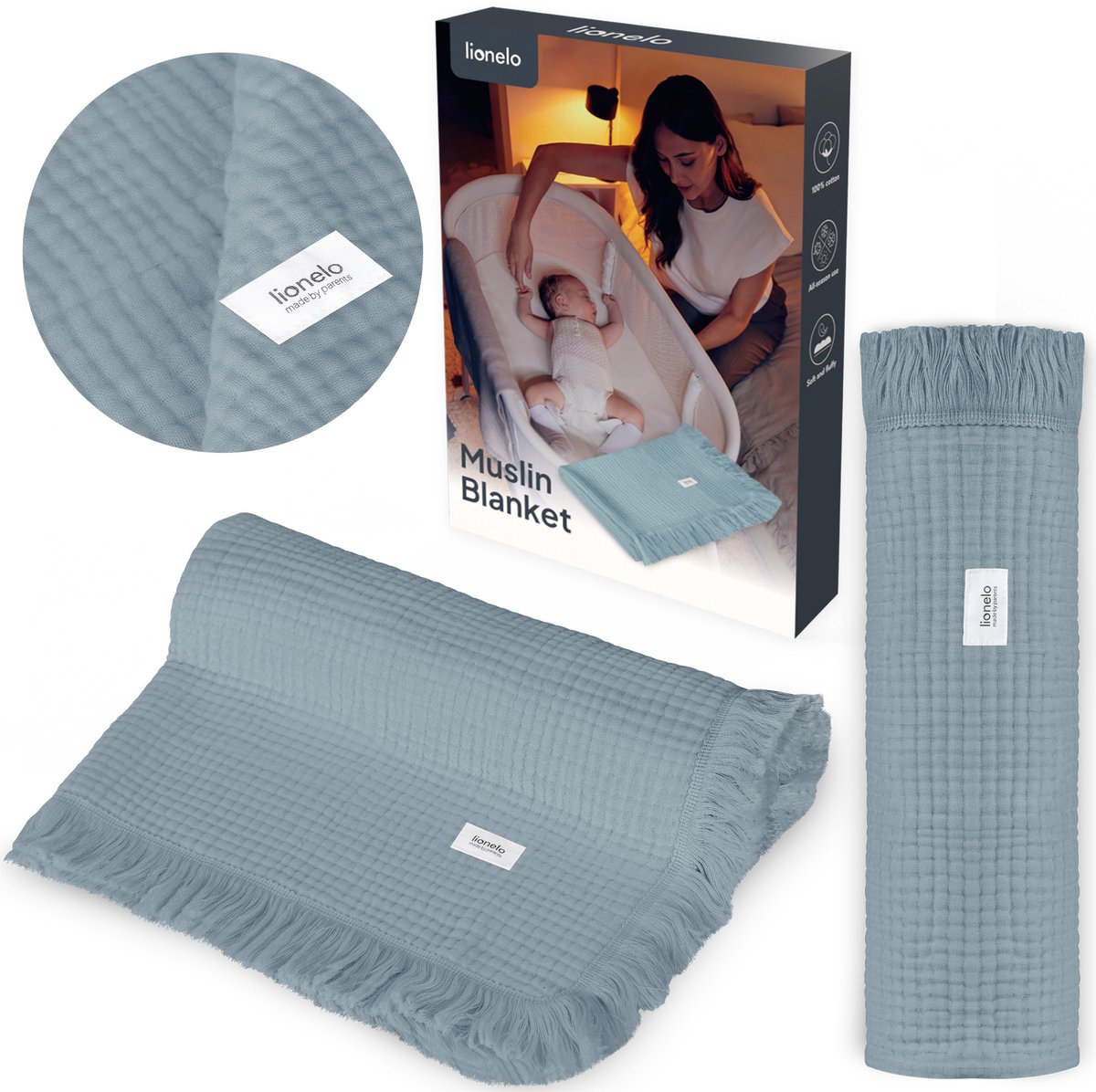Lionelo Muslin Blanket Mousseline deken 70×100 cm – 6-Laagse Katoenen Babydeken – Ademend & Zacht – Voor Alle Seizoenen – Met Decoratieve Franjes – Inbakerdoek & Badhanddoek – Cadeauverpakking