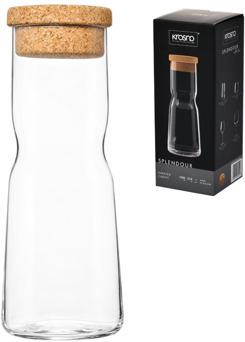 Krosno Glazen Karaf 1 Liter met Kurken Stop – Makkelijk Vast te Houden – Past in Koelkastdeur – 98 × 240 mm