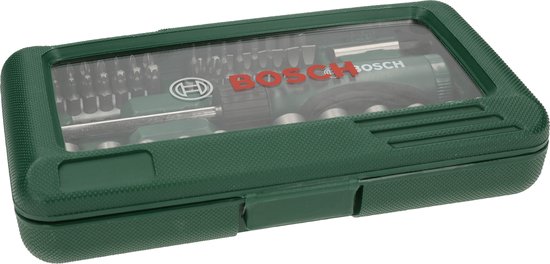 Gesloten groene kunststof koffer met transparant deksel. Bosch logo zichtbaar.