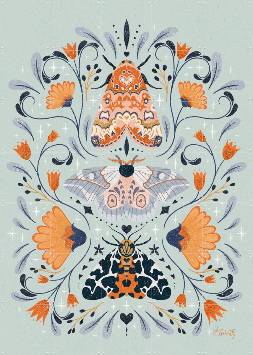 IXXI Floral Moths Mint, Rebecca Flaherty - 100 x 140 cm - Gratis ophangtool - Grote wanddecoratie en posters - Kleurrijk, Speels, Illustraties