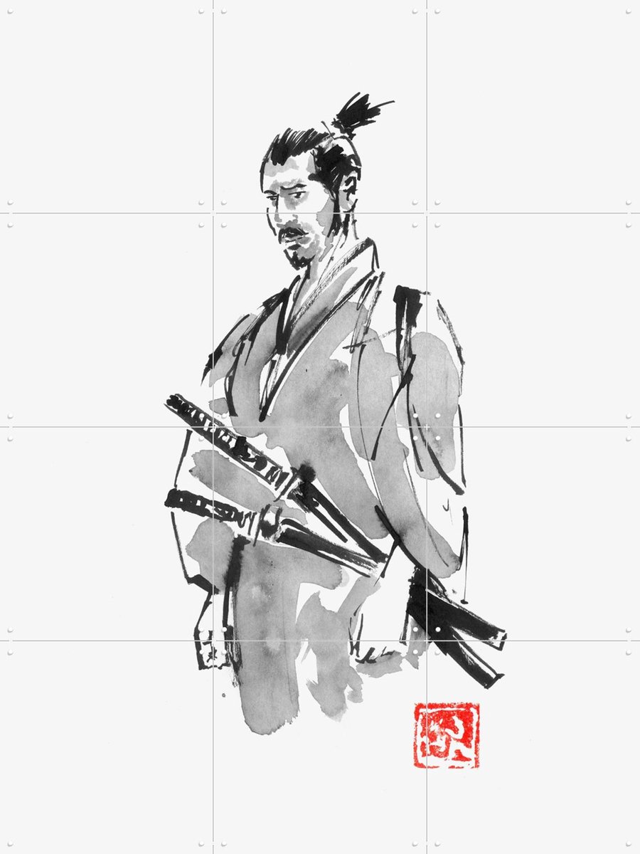 IXXI Thinking Samurai, Péchane - 60 x 80 cm - Gratis ophangtool - Grote wanddecoratie en posters - Line art, Illustraties, Mancave, Slaapkamer