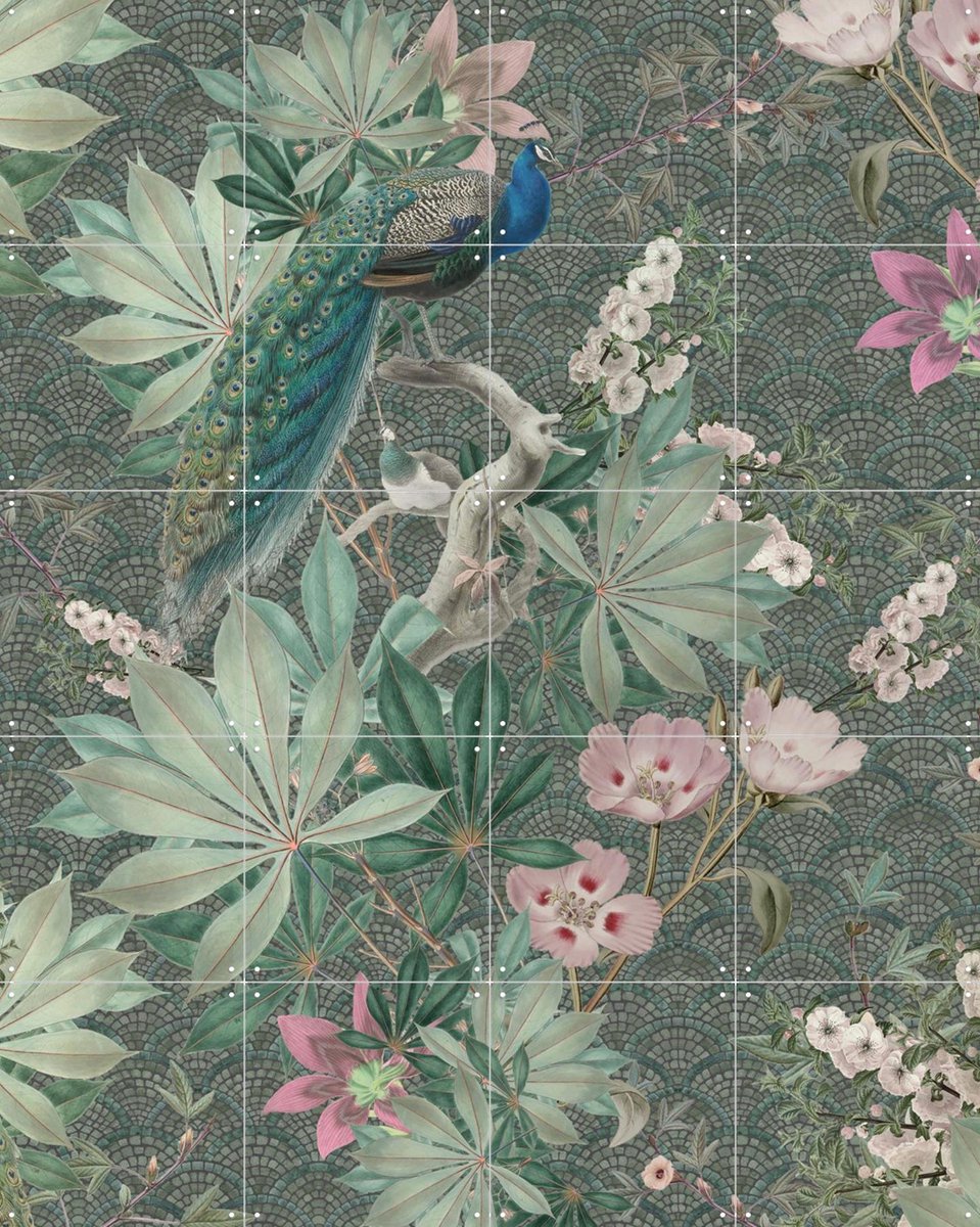 IXXI Botanical Garden Peacock, Bloomery Decor - 80 x 100 cm - Gratis ophangtool - Grote wanddecoratie en posters - Kleurrijk, Illustraties