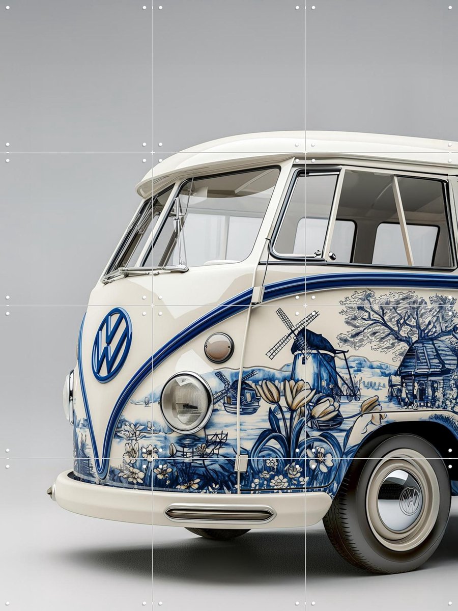 IXXI Delfts Blauwe VW Bus 5, Margriet Hulsker - 60 x 80 cm - Gratis ophangtool - Grote wanddecoratie en posters - Illustraties, Vintage, Studeerkamer