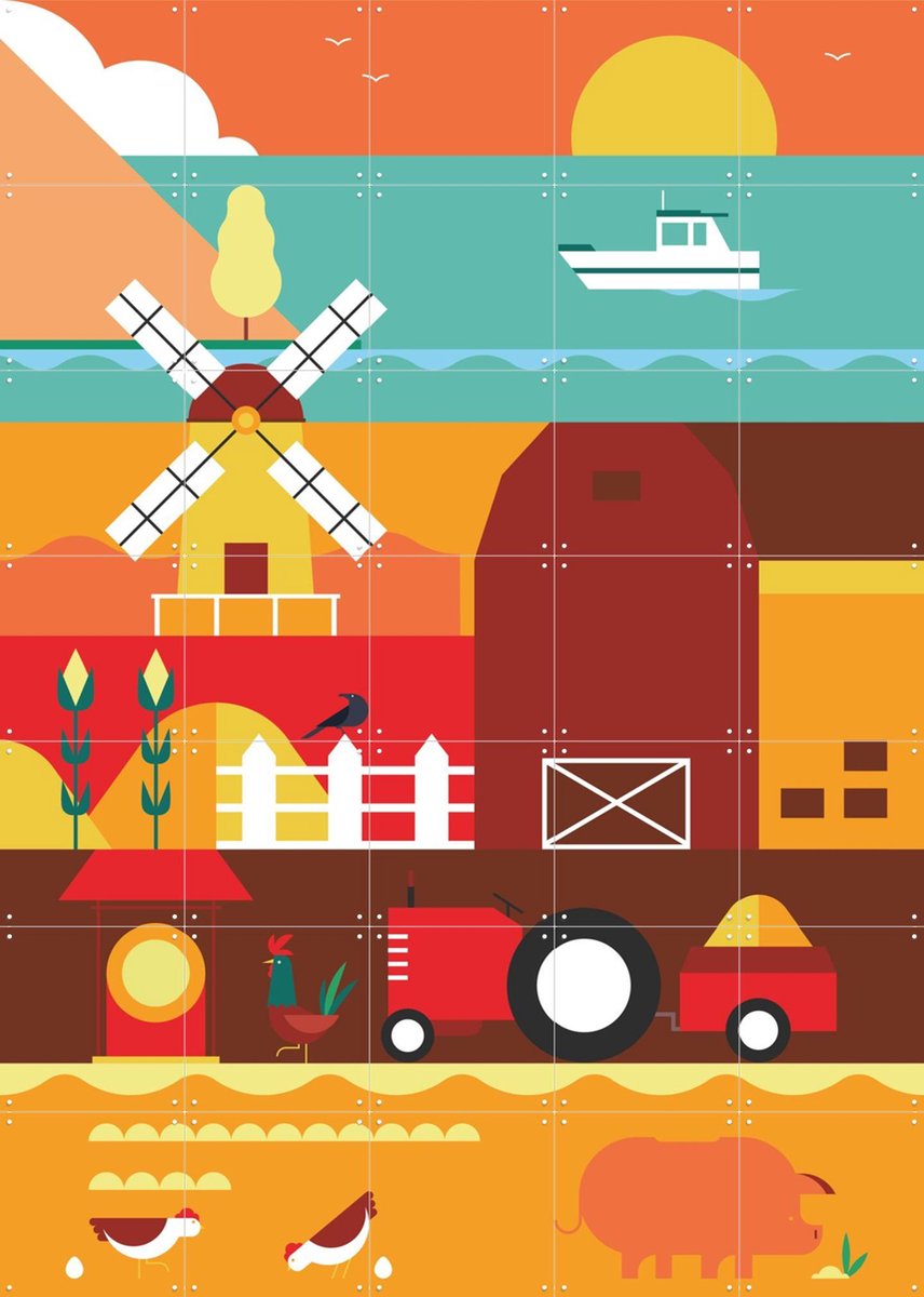 IXXI Farm, Studio Kars + Boom - 100 x 140 cm - Gratis ophangtool - Grote wanddecoratie en posters - Kleurrijk, Illustraties, Geometrische Kunst