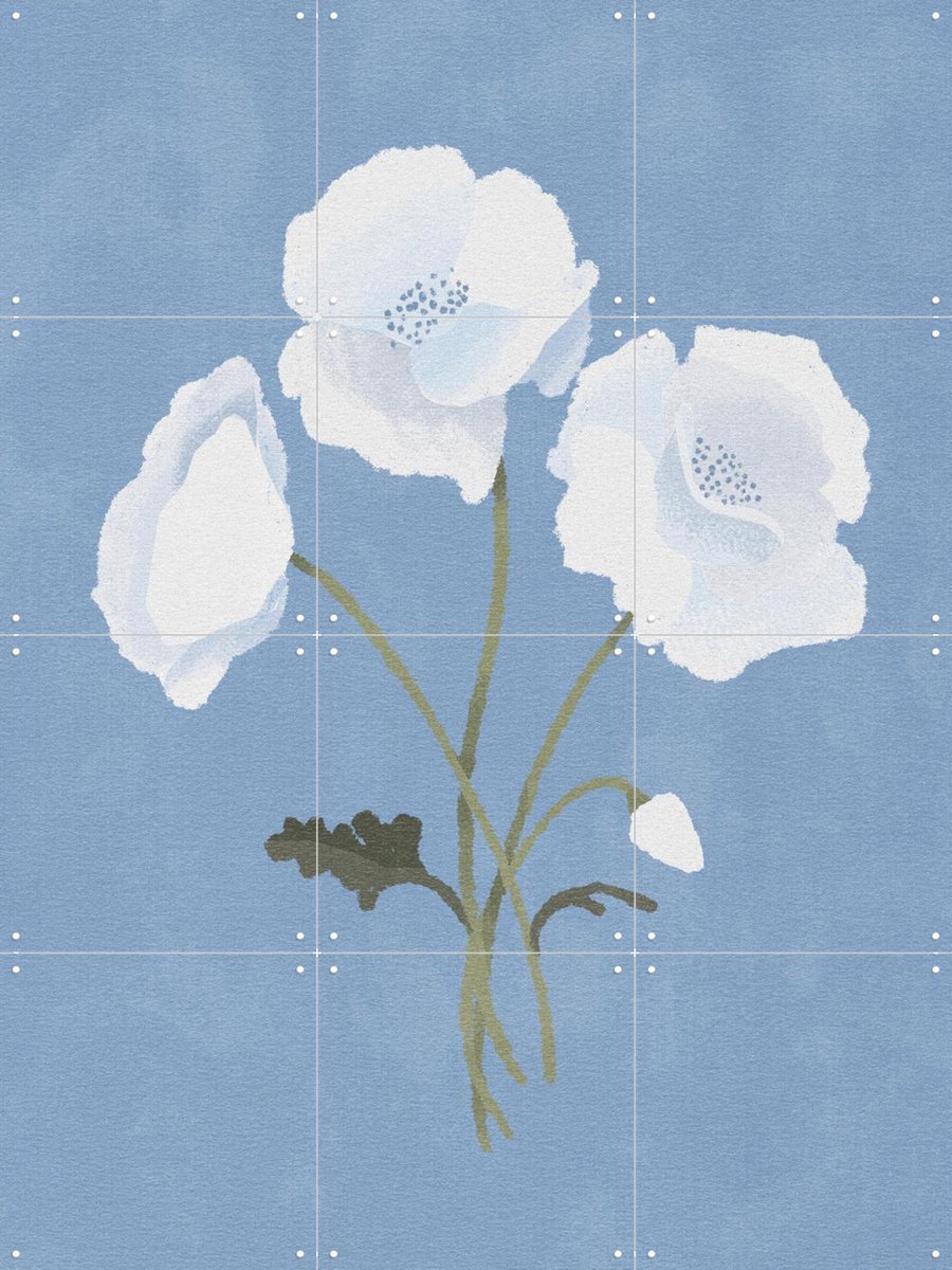 IXXI White Flowers, Goed Blauw - 60 x 80 cm - Gratis ophangtool - Grote wanddecoratie en posters - Illustraties, Minimalisme, Woonkamer, Slaapkamer
