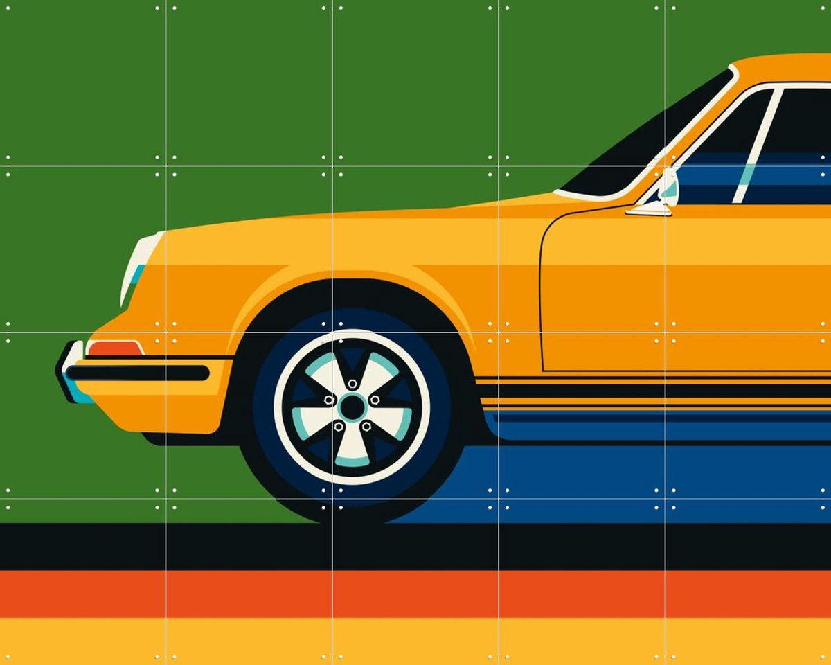 IXXI Orange Vintage Sports Car Front, Bo Lundberg - 100 x 80 cm - Gratis ophangtool - Grote wanddecoratie en posters - Digitale Kunst, Kleurrijk