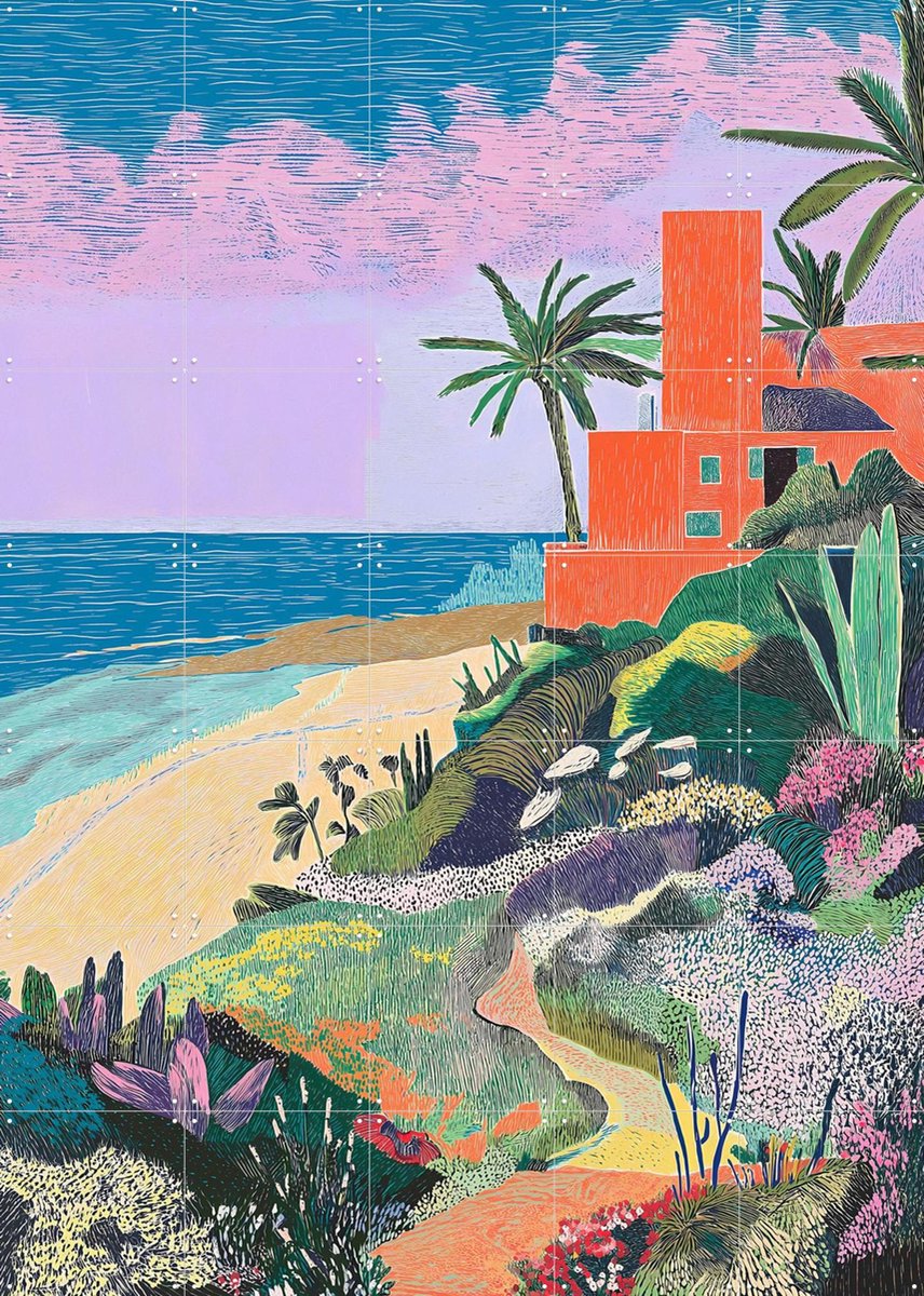 IXXI Coastal Garden, Artclaud - 100 x 140 cm - Gratis ophangtool - Grote wanddecoratie en posters - Illustraties, Kleurrijk, Woonkamer, Landschappen
