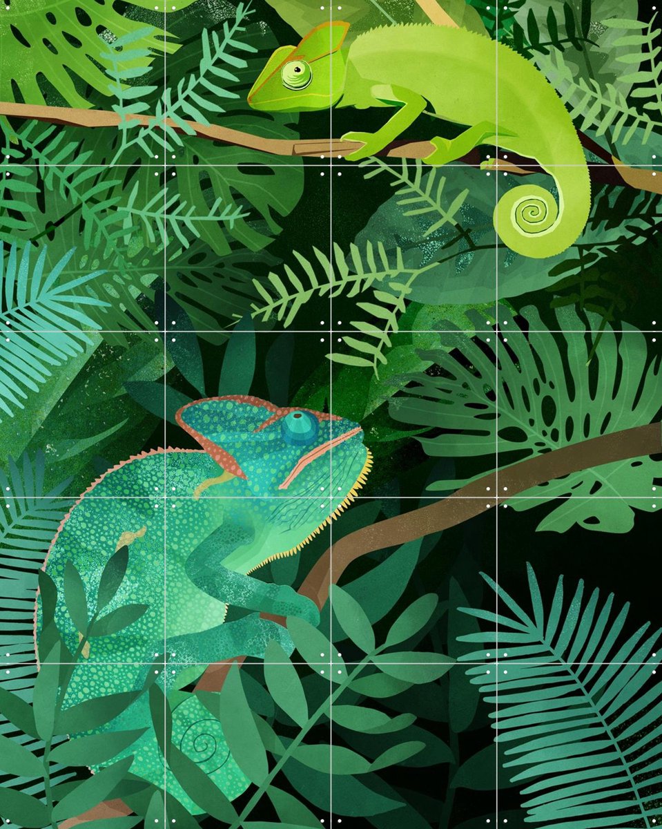 IXXI Chameleons, Goed Blauw - 80 x 100 cm - Gratis ophangtool - Grote wanddecoratie en posters - Digitale Kunst, Illustraties, Speels, Woonkamer