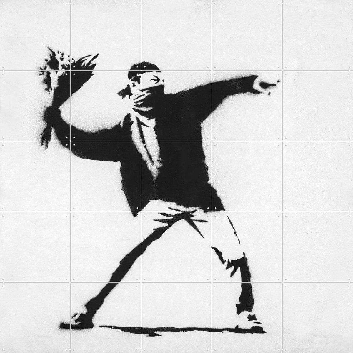 IXXI Love is in the Air white, Banksy - 100 x 100 cm - Gratis ophangtool - Grote wanddecoratie en posters - Pop art, Houtsnede, Street art
