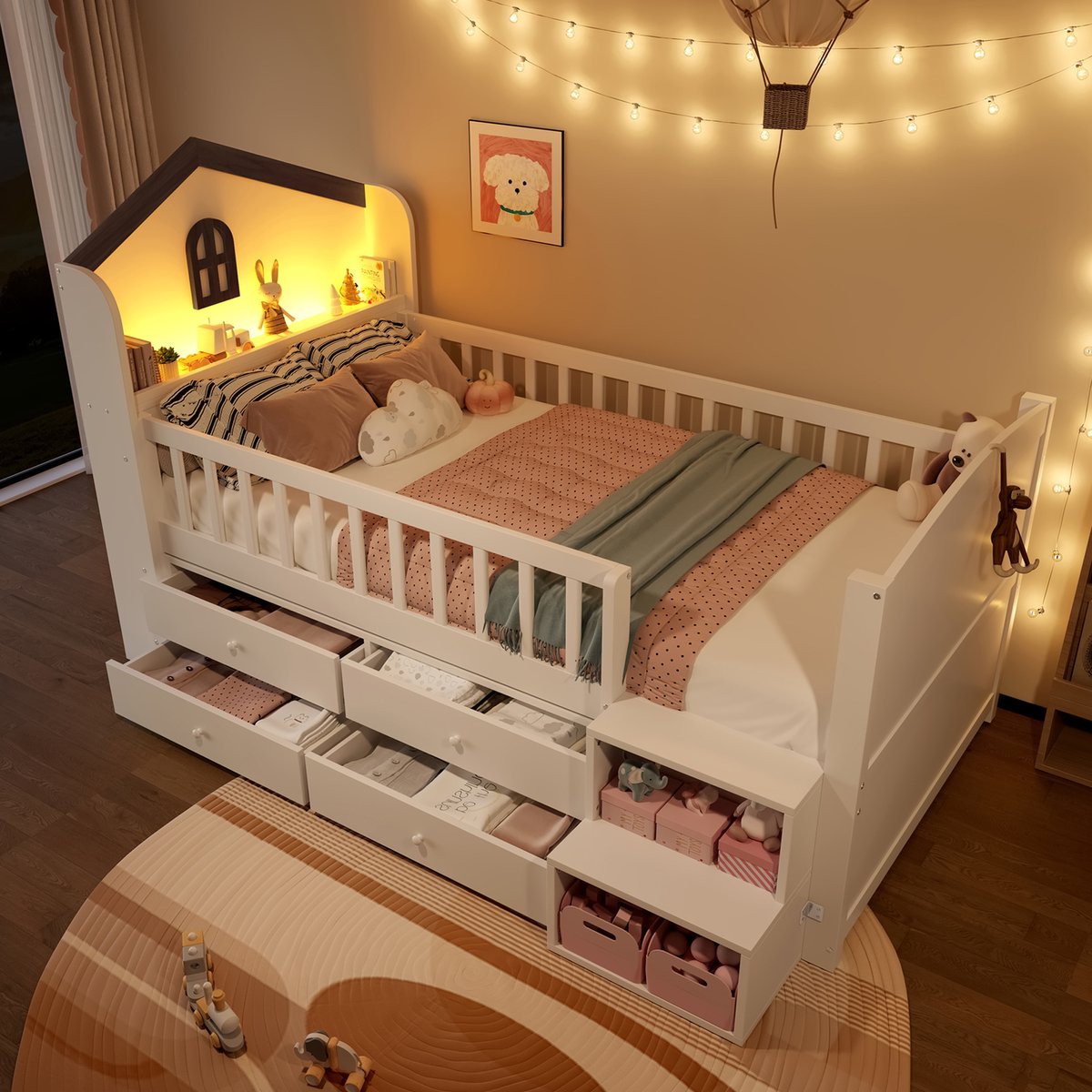 OKWISH Halfhoog Kinderbed 90x200cm – Huisvorm Met Led Verlichting Met Appbediening – Met 4 Lades En Opbergladder – Zonder matras – Hout – Wit