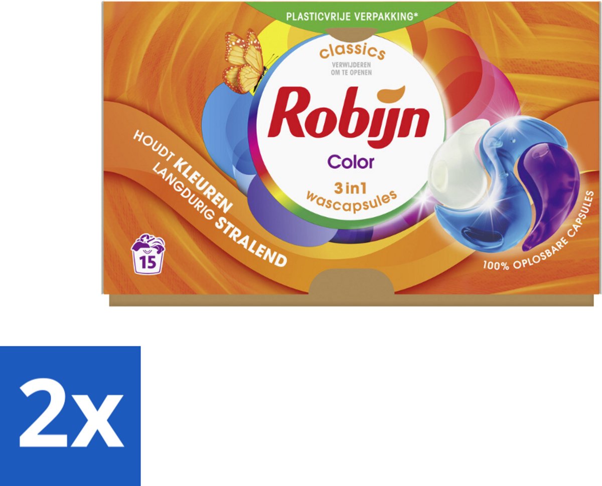2 x Robijn Wascapsules 3-in-1 Color 15 stuks per verpakking - Kleurbehoud - Wascapsules - Wasverzachter - Biologisch Afbreekbaar - Frisse Geur