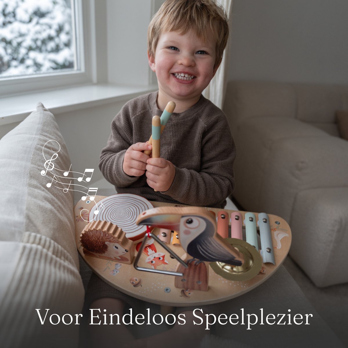 Beebie Babbels - Muziektafel – Muziek Speelgoed - Houten Speelgoed - Speelgoedinstrumenten - Muziekspeelgoed 1 jaar - Met Xylofoon, Triangel en Trommel — afbeelding 12