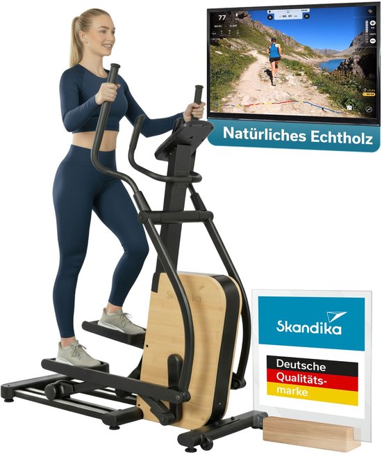 Skandika crosstrainer voor thuis Treliv P22 - Crosstrainer elliptische trainer, frame van ijzer met echt hout, 32 standen, 22 programma’s, magneetrem, compatibel met Kinomap app, Bluetooth, tot 135 kg