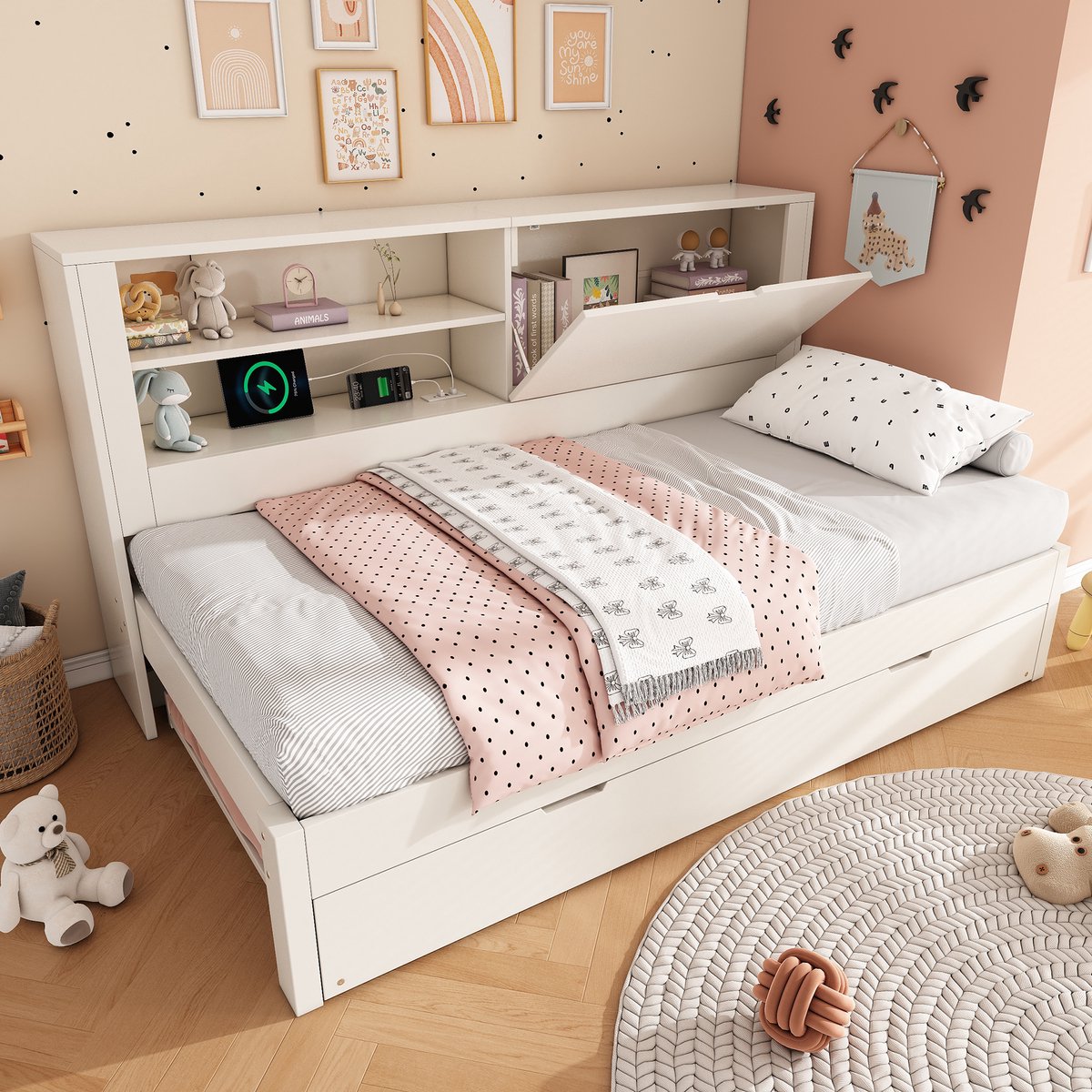 Merax Slaapbank 90x190 cm - met uitschuifbaar bed - open vakken - opbergruimte - USB/USB-C oplaadstation - wit - zonder matras