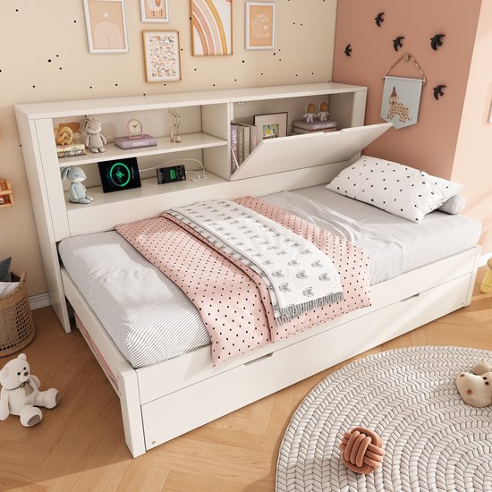 Canapé-lit 90x190 cm - avec lit coulissant - compartiments ouverts - espace de rangement - station de recharge USB/USB-C - blanc - sans matras